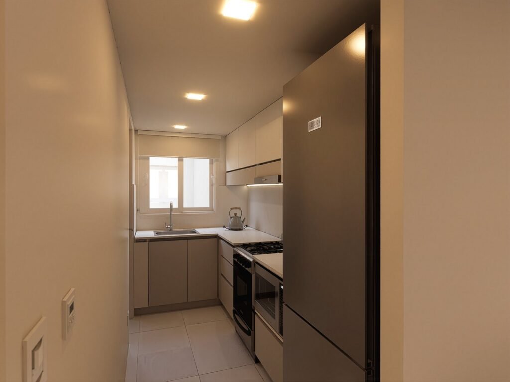 Render de la cocina (vista 2), departamento de 59 m² al frente, 59 e/ 9 y 10