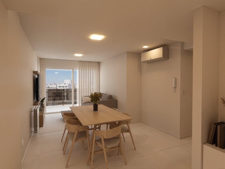 Render del living comedor con balcón, departamento de 1 dormitorio de 59 m² al frente, 59 e/ 9 y 10