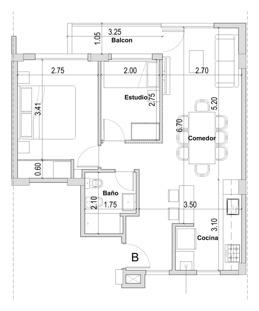 Plano 1 dormitorio + estudio · Av. 38 e/ 16 y 17